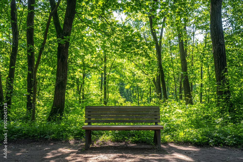 A serene wooden bench nestled in a lush green forest, inviting visitors to relax and enjoy nature's tranquility. A serene wooden bench nestled in a lush green forest, inviting visitors to relax and enjoy nature's tranquility.