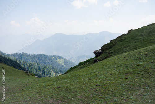 India's breathtaking mountain views boast majestic peaks, lush valleys, and serene landscapes in Shoja Himachal pradesh india.  photo