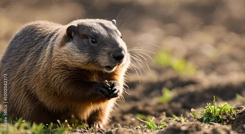 A groundhog digging a hole in the ground, dirt flying behind it. A groundhog digging a hole in the ground, dirt flying behind it.