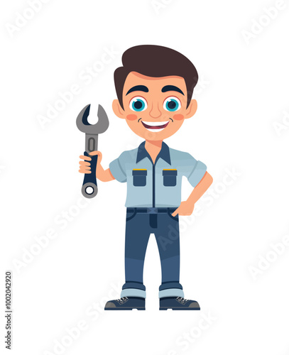 A cartoon mechanic smiling and holding a large wrench. The mechanic is wearing a blue uniform and looks ready for work, with a friendly and confident expression.