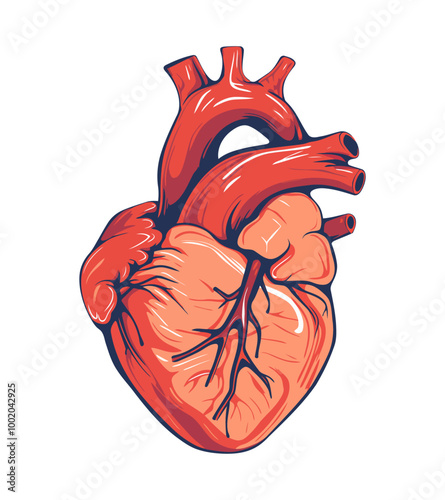 A realistic cartoon illustration of the human heart, showcasing veins and arteries. The heart is bright red, representing anatomical accuracy and medical detail.