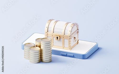 Retro treasure box on the cellphone, 3d rendering. photo