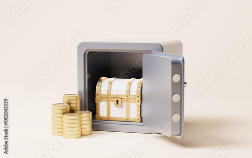 Retro treasure box and safety box, 3d rendering. photo