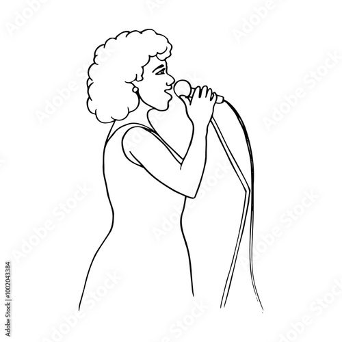 woman standing in profile and singing into a microphone - hand drawn line art sketch