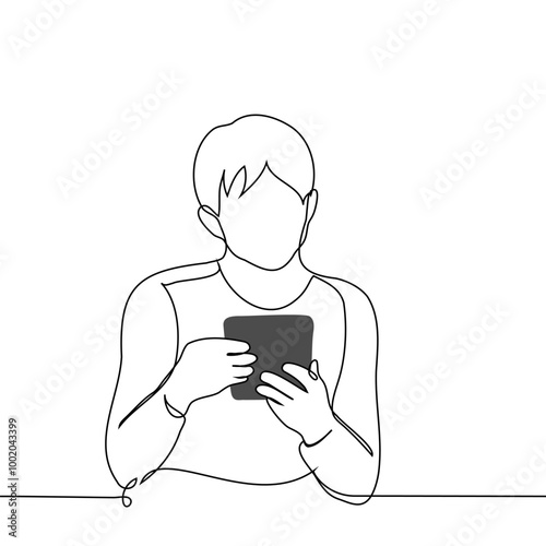 man holding tablet vertically with both hands - one line art vector. concept of a man using a tablet or a device with a large screen