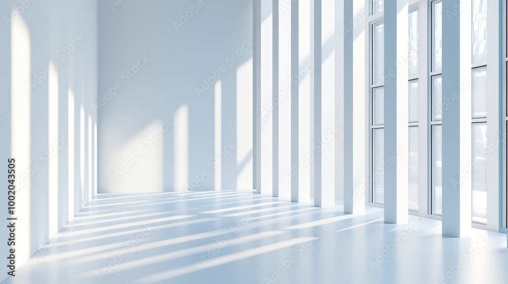 Sunlight streams through large windows in a spacious white room, casting long shadows on the floor. Sunlight streams through large windows in a spacious white room, casting long shadows on the floor.