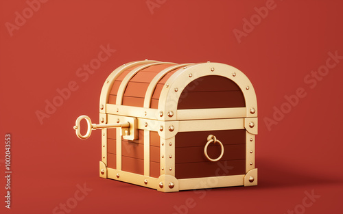 Fototapeta Naklejka Na Ścianę i Meble -  Retro treasure box and the key, 3d rendering.