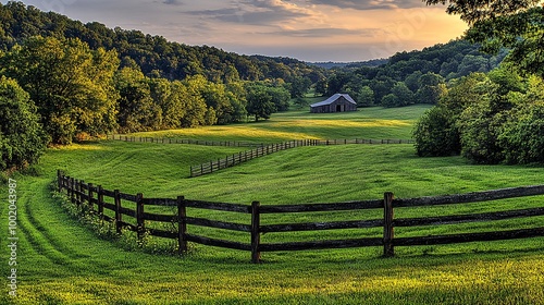 A wooden fence curves around a green meadow with a rustic barn in the distance.