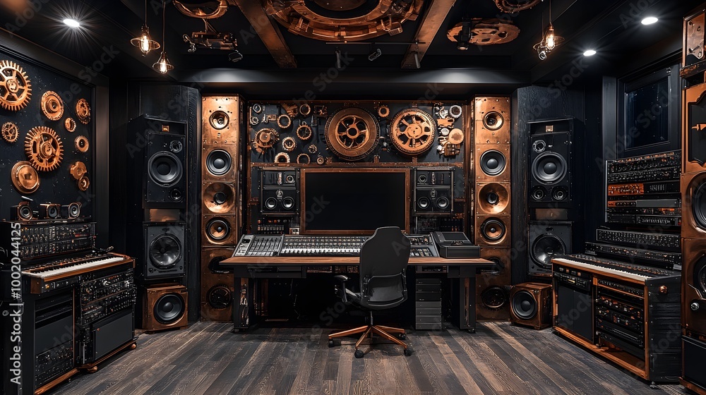 Fototapeta premium Steampunk-themed recording studio with cog-filled walls, copper accents, and vintage microphones, surrounded by dark, moody lighting and a mechanical vibe