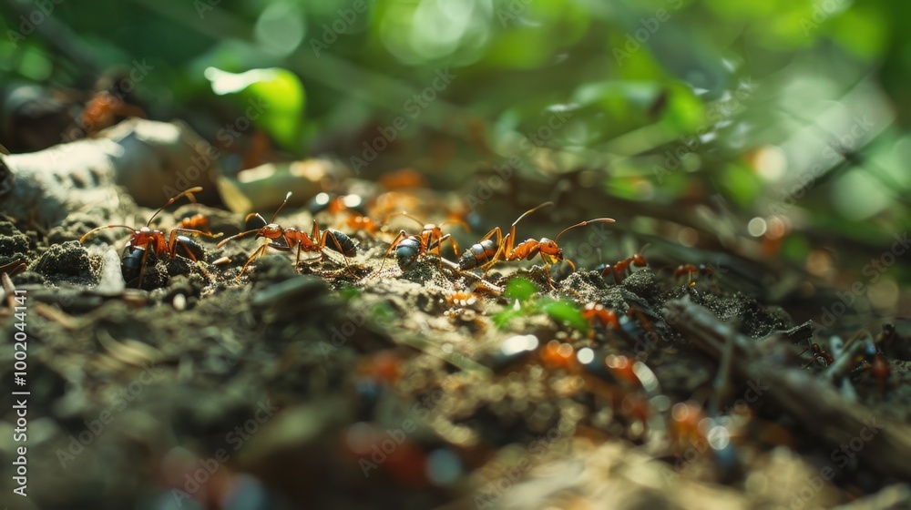 Red Ants Crawling on Forest Floor in Sunlight Red Ants Crawling on Forest Floor in Sunlight