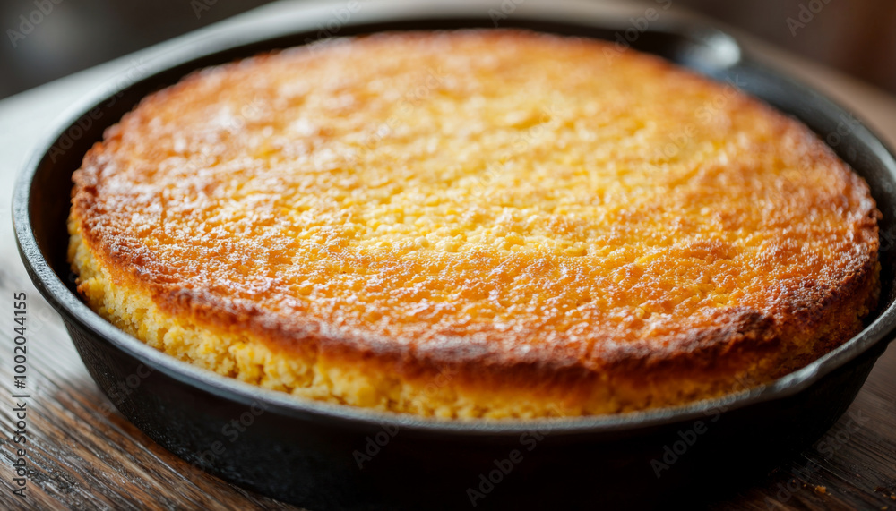 A freshly baked cornbread in a cast iron skillet, showcasing a golden crust and fluffy texture, perfect for serving at meals. A freshly baked cornbread in a cast iron skillet, showcasing a golden crust and fluffy texture, perfect for serving at meals.