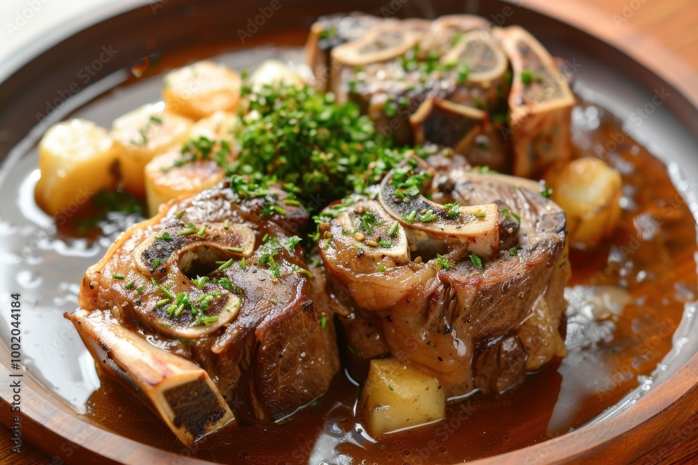 Braised lamb shank with rich gravy and roasted potatoes, slow-cooked to perfection Braised lamb shank with rich gravy and roasted potatoes, slow-cooked to perfection