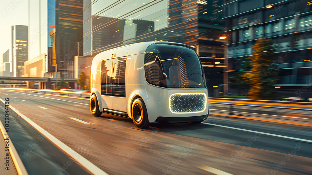 Fototapeta premium Futuristic electric delivery minivan truck driving in city