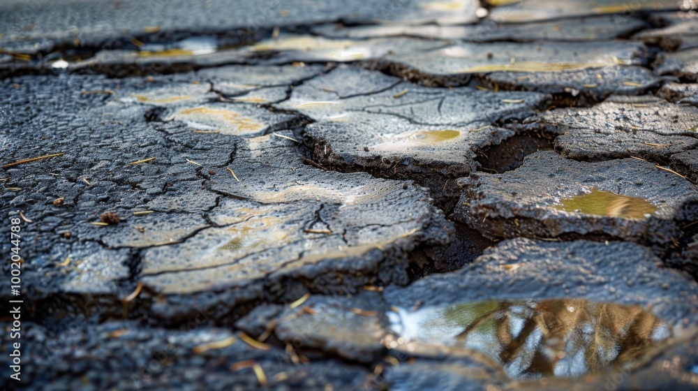 Cracked Asphalt Surface with Reflective Puddles Cracked Asphalt Surface with Reflective Puddles