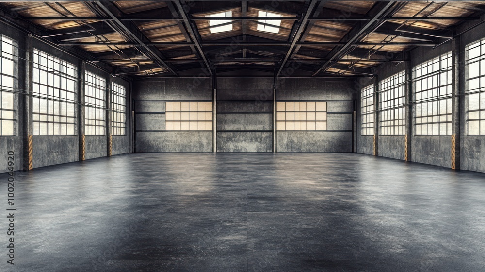 A spacious industrial interior with large windows and a polished floor. A spacious industrial interior with large windows and a polished floor.
