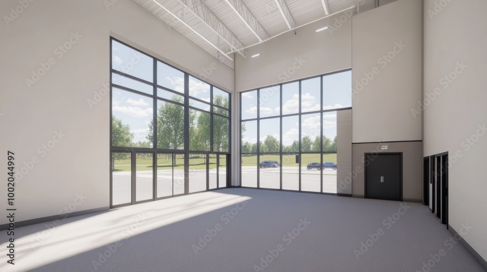 A spacious, well-lit interior with large windows and a minimalist design. A spacious, well-lit interior with large windows and a minimalist design.