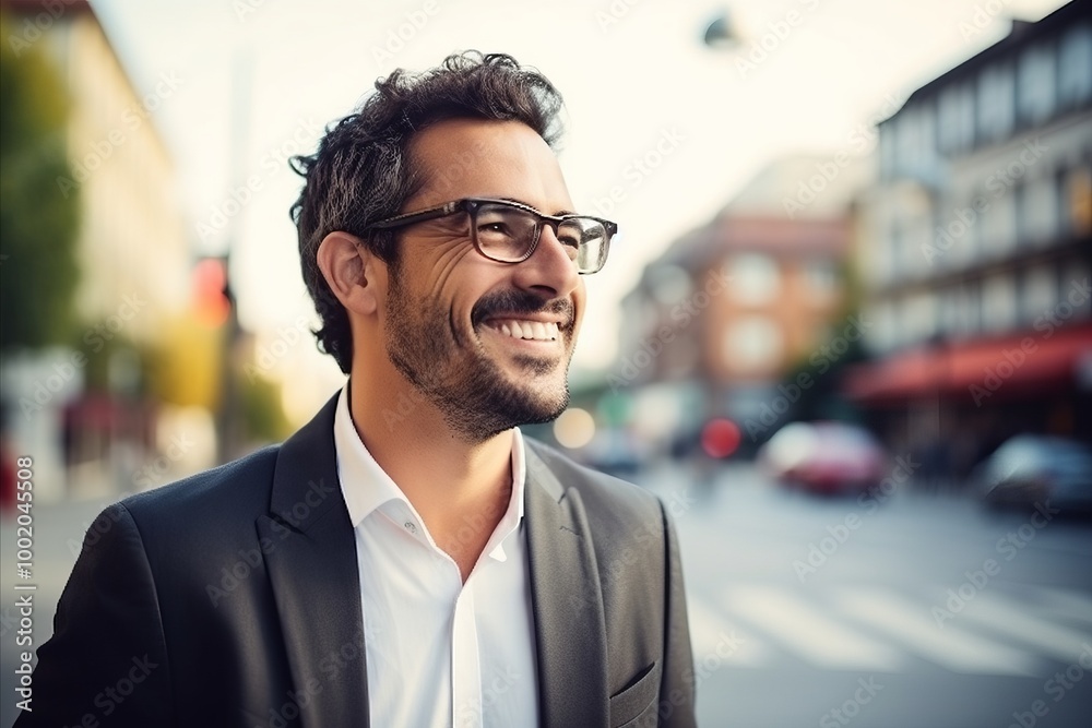 Portrait of a handsome young man with glasses smiling in the city Portrait of a handsome young man with glasses smiling in the city
