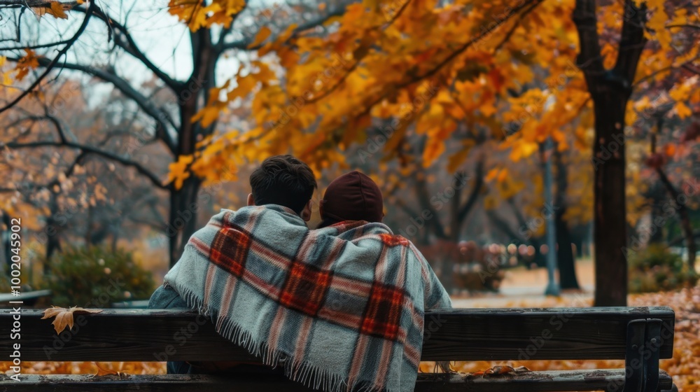 Fototapeta premium Cozy Couple in Autumn Park with Colorful Leaves