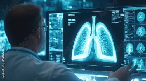 A medical professional analyzing a radiological chest scan with images of lungs and other thoracic structures on multiple computer monitors in a dim-lit room.