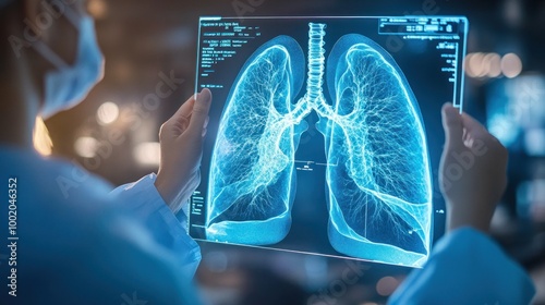 A medical professional is examining a radiographic image of human lungs, likely a digital chest X-ray or CT scan, held up against a light source. photo