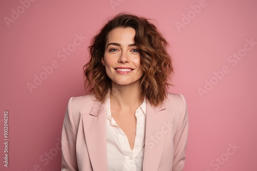 Portrait of a beautiful young woman with curly hair on a pink background