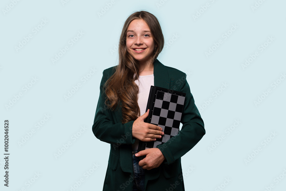 Teen girl smiling while holding a chessboard Teen girl smiling while holding a chessboard