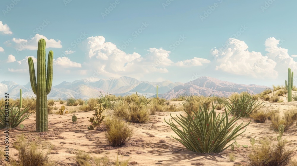 Fototapeta premium Desert Landscape with Cacti and Mountain Background