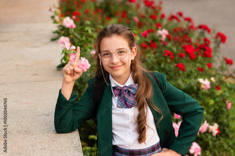 Young girl in school uniform raising finger Young girl in school uniform raising finger