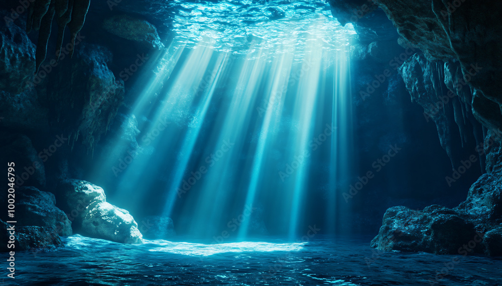 A deep, mysterious underwater cave with beams of light breaking through the water’s surface, creating an eerie and magical underwater world A deep, mysterious underwater cave with beams of light breaking through the water’s surface, creating an eerie and magical underwater world