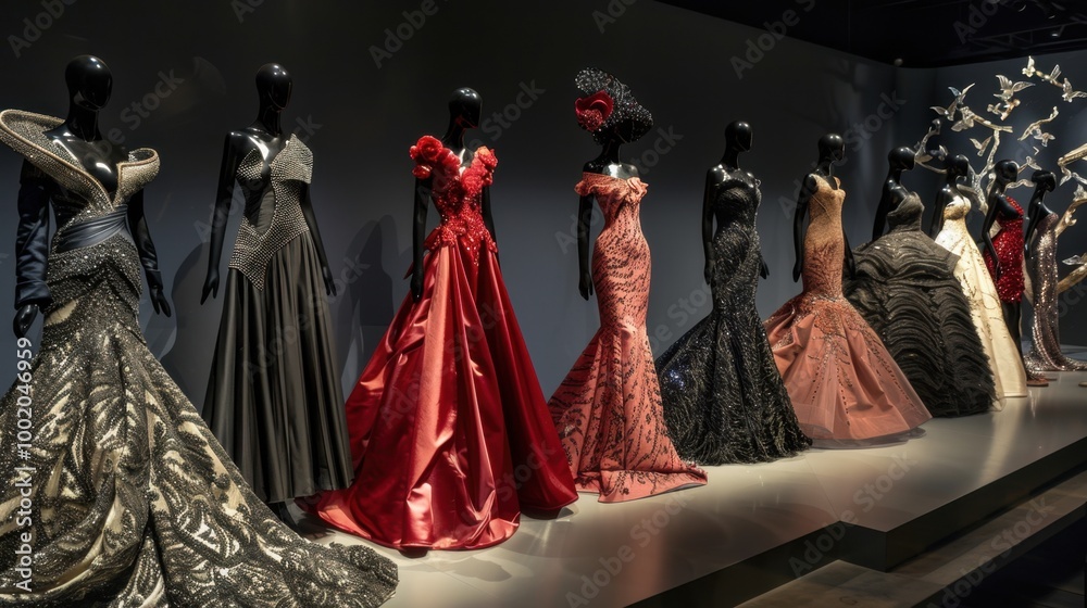 Elegant Evening Gowns Displayed in Fashion Exhibit Elegant Evening Gowns Displayed in Fashion Exhibit