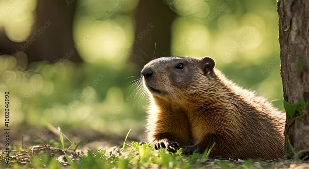A groundhog resting in the shade of a tree on a hot summer day. A groundhog resting in the shade of a tree on a hot summer day.