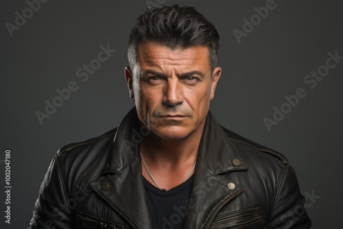 Portrait of a serious mature man in leather jacket over grey background.