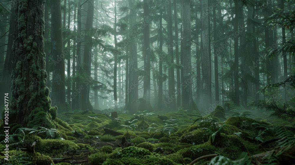 Obraz premium Lush Green Forest with Misty Atmosphere