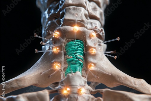 A close-up view of the spinal cord exiting the vertebral foramen, highlighting the protective function of the vertebrae and the spinal cordâ€™s fragility photo