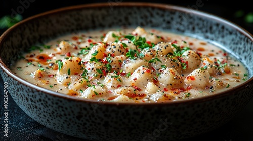 Creamy gnocchi served in a rustic bowl garnished with fresh herbs and spices on a dark textured surface