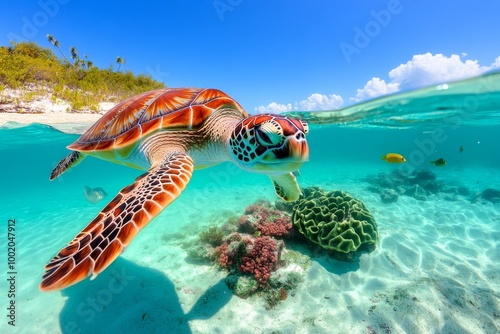 A coral reef restoration project, with marine life like fish, sea turtles, and colorful corals returning to a healthy, biodiverse ecosystem photo