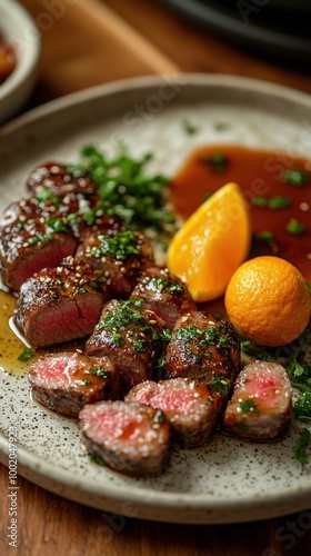 Grilled steak slices garnished with herbs and citrus served on a rustic plate with sauce, perfect for a gourmet meal