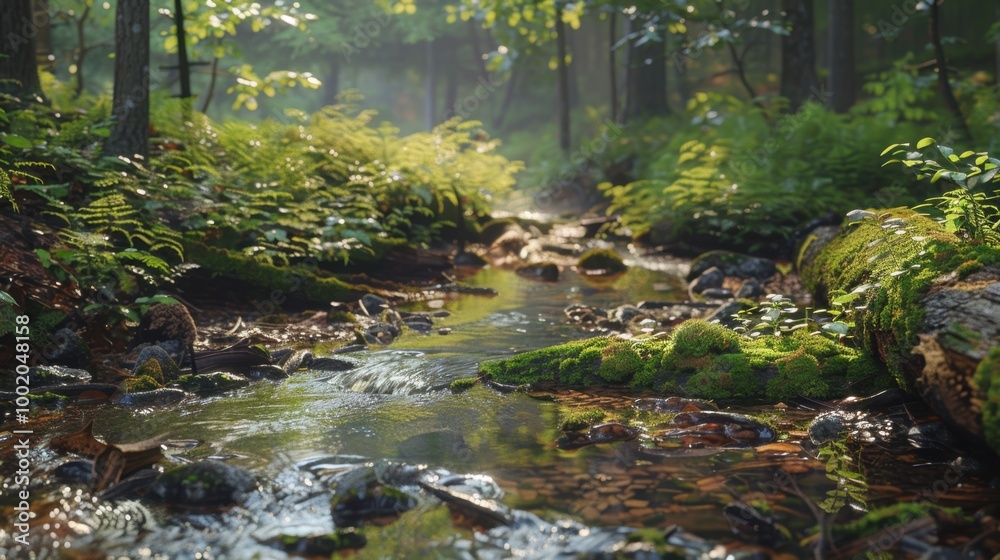 Serene Forest Stream with Lush Greenery and Sunlight Serene Forest Stream with Lush Greenery and Sunlight