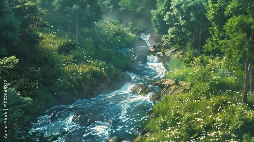 Serene Forest Stream with Lush Greenery and Waterfalls Serene Forest Stream with Lush Greenery and Waterfalls