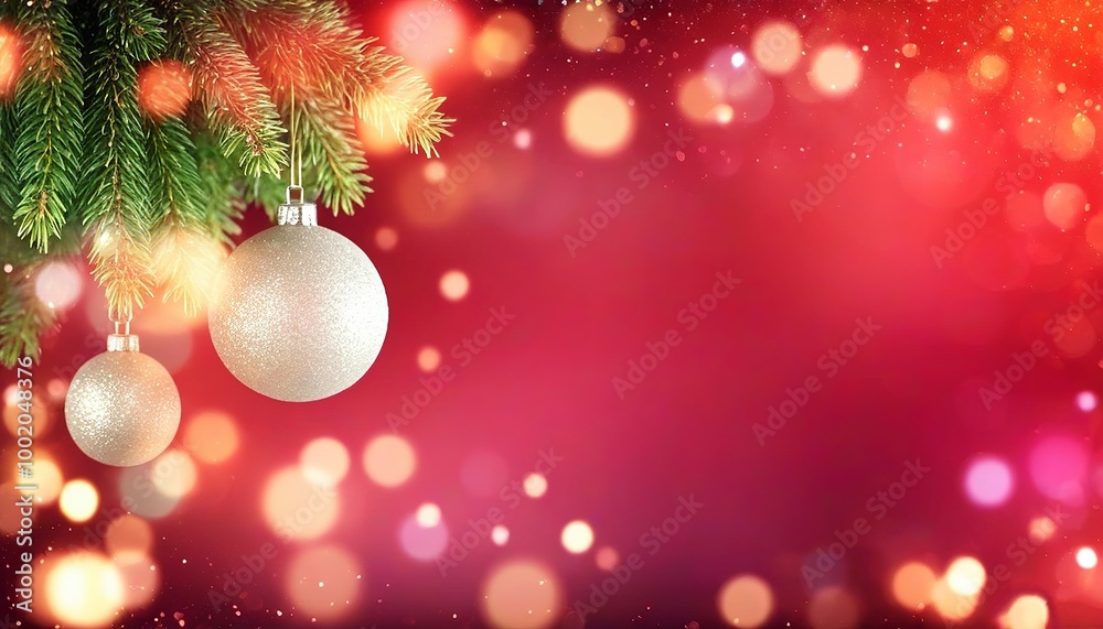 Christmas tree with shiny ornaments and bokeh lights on the left side of a vibrant red background, perfect for holiday messages or festive greetings. Made with Generative AI Technology