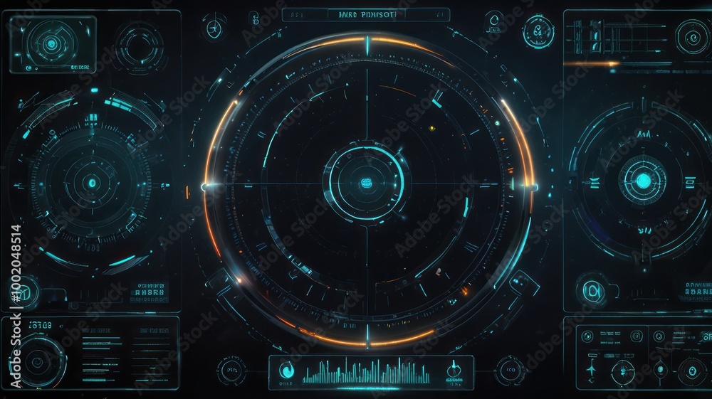 Futuristic HUD interface with a circular target in the center and various data displays. Futuristic HUD interface with a circular target in the center and various data displays.