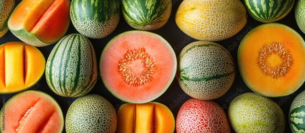 A variety of melons, cut in half, laid out on a dark background. A variety of melons, cut in half, laid out on a dark background.