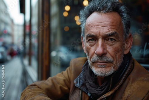 Portrait of an old man with a gray beard in the city