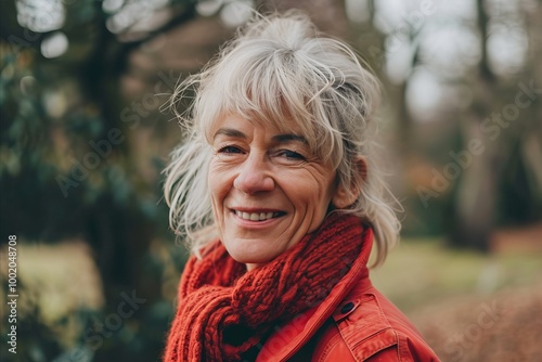 Portrait of a senior woman in the autumn park. Mature woman walking in the park.