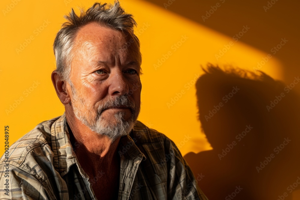 Portrait of a senior man in a plaid shirt on a yellow background. Portrait of a senior man in a plaid shirt on a yellow background.