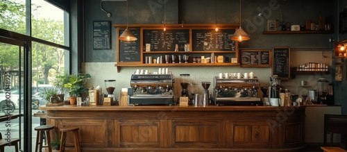 A well-lit coffee shop with a wooden countertop and two espresso machines. There are shelves above the counter with various items, including glass jars and mugs