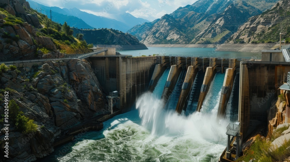 Scenic Dam with Flowing Water and Mountain Background Scenic Dam with Flowing Water and Mountain Background