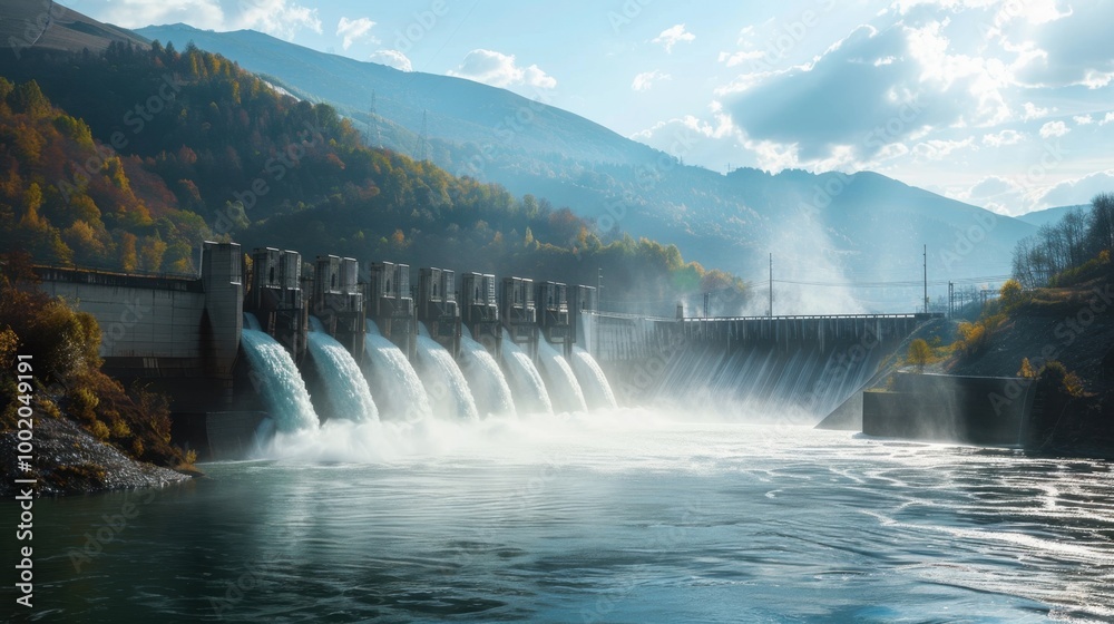 Powerful Water Flow at a Scenic Hydroelectric Dam Powerful Water Flow at a Scenic Hydroelectric Dam