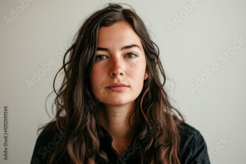 Portrait of a beautiful young woman with long brown hair, studio shot