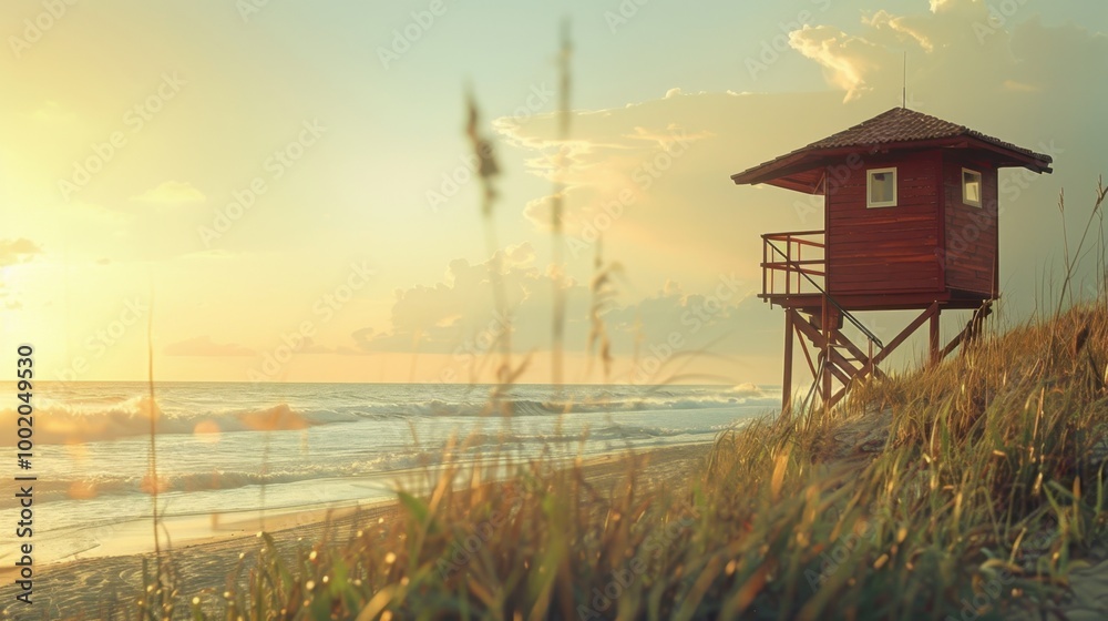 Serene Lifeguard Tower at Sunset by the Beach Serene Lifeguard Tower at Sunset by the Beach